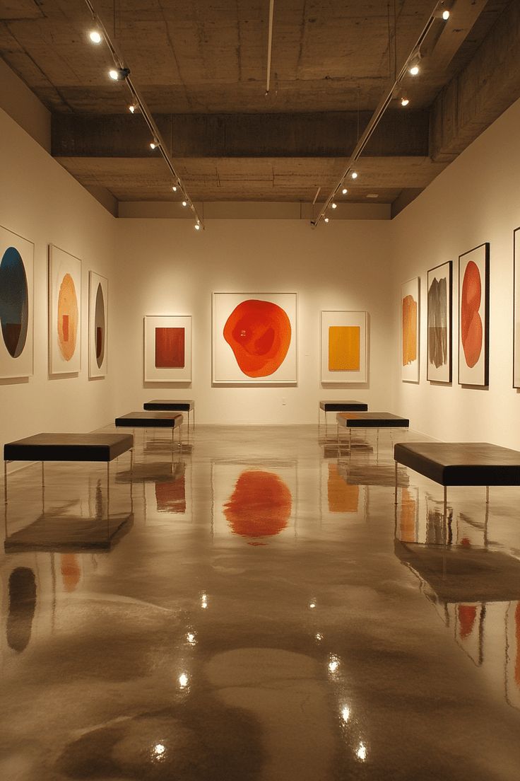 Sıcak ışıklı modern sanat galerisi ve yansıtıcı zemin